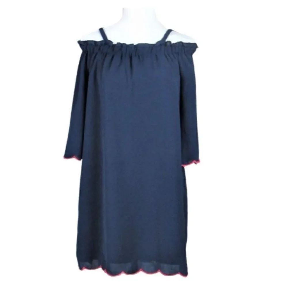 Lily Rose Dress Off-Shoulder Knee Length Red Trim Scalloped Edge Blue Women's M